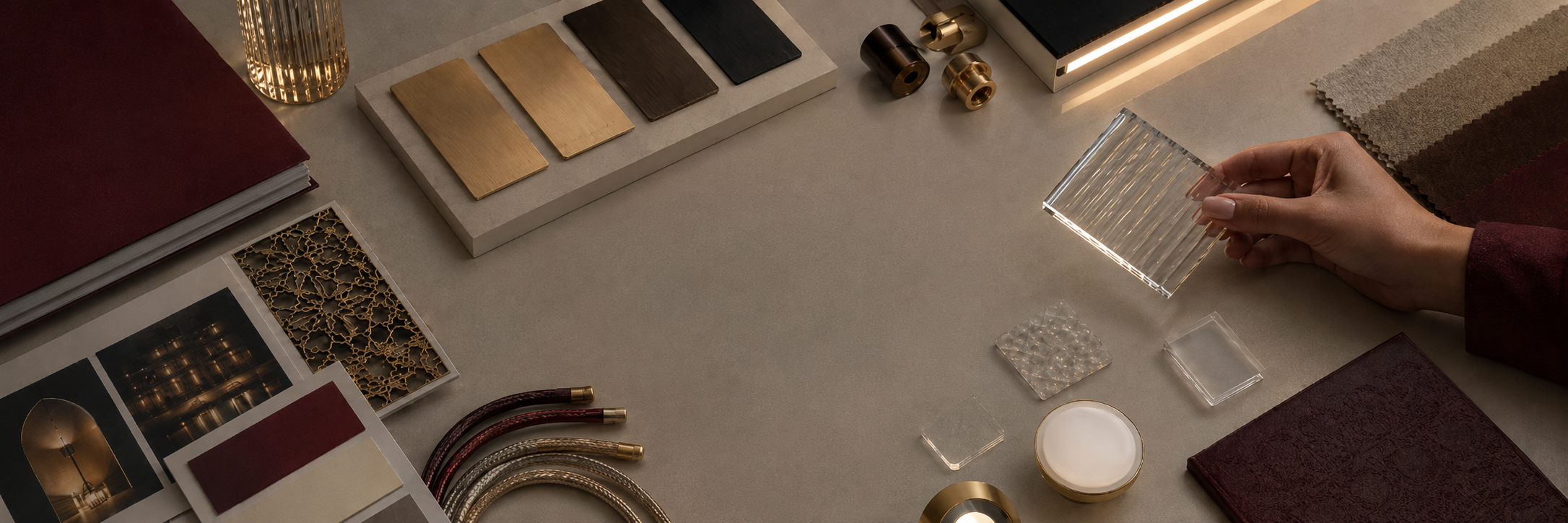 Luxury lighting material selection board with metal, glass and fabric samples